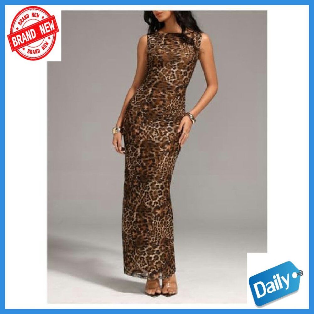 Leopard Print Maxi Dress Sleeveless Bodycon Party Club Tank - Picture 6 of 6